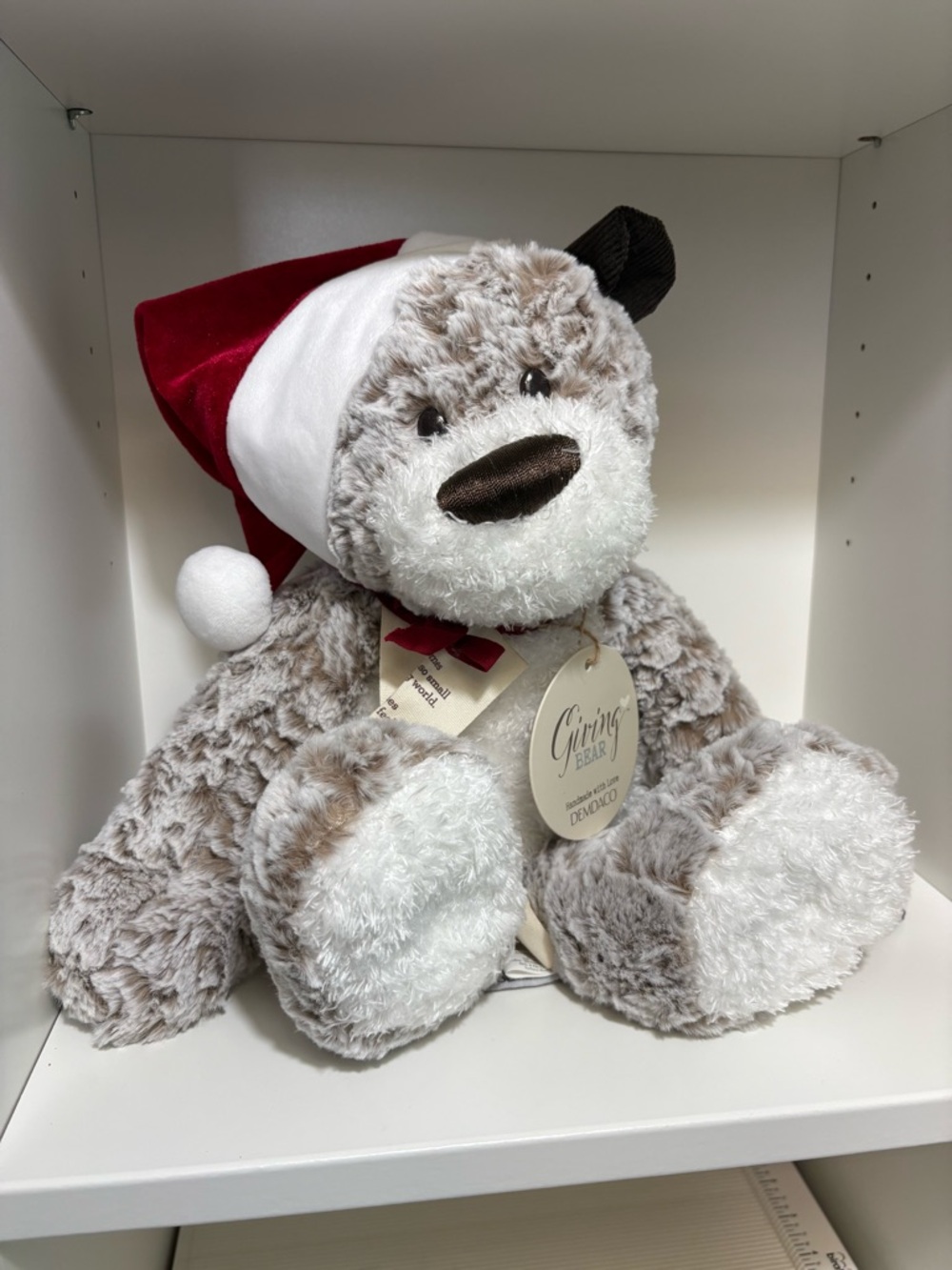 Demdaco Giving Bear Gray & White Plush Bear with Red Santa Hat